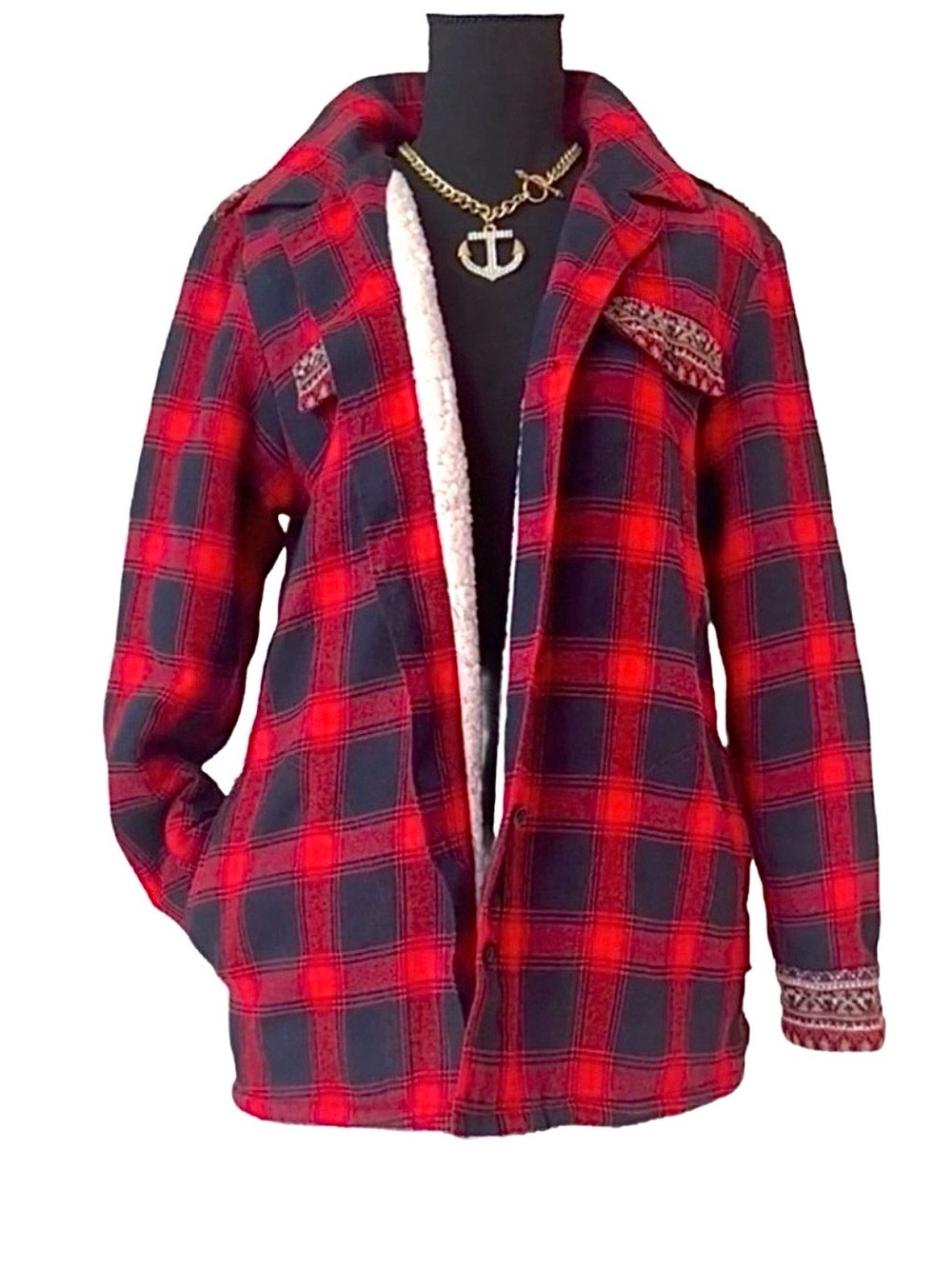 EN CREME ~ Women’s Red/Black Plaid Jacket with Sherpa Lining and Pockets size S